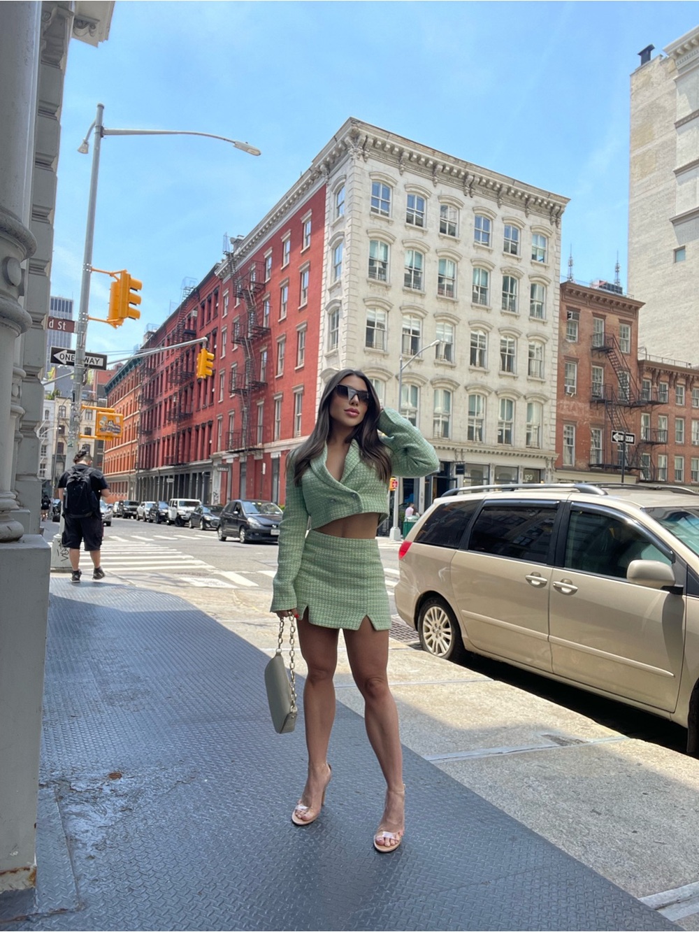 Zara Mint Green Tweed Cropped Jacket & Mini Skirt Set